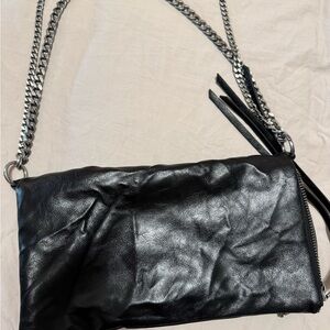 Black Leather wrinkle effect Women's Bag with chain strap